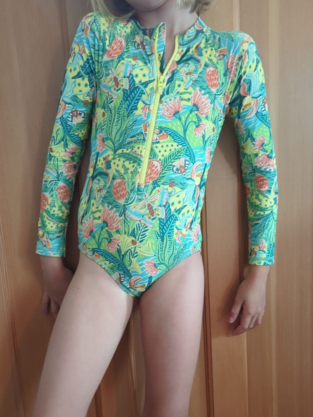 Crewcuts Long-Sleeve Floral Zip Rashguard in Green and Coral
